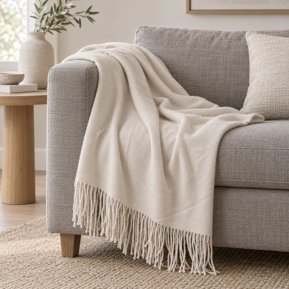 Field Gear Home Collection 50x60 Cashmere Silk Fringe Throw Blanket Cream Luxury